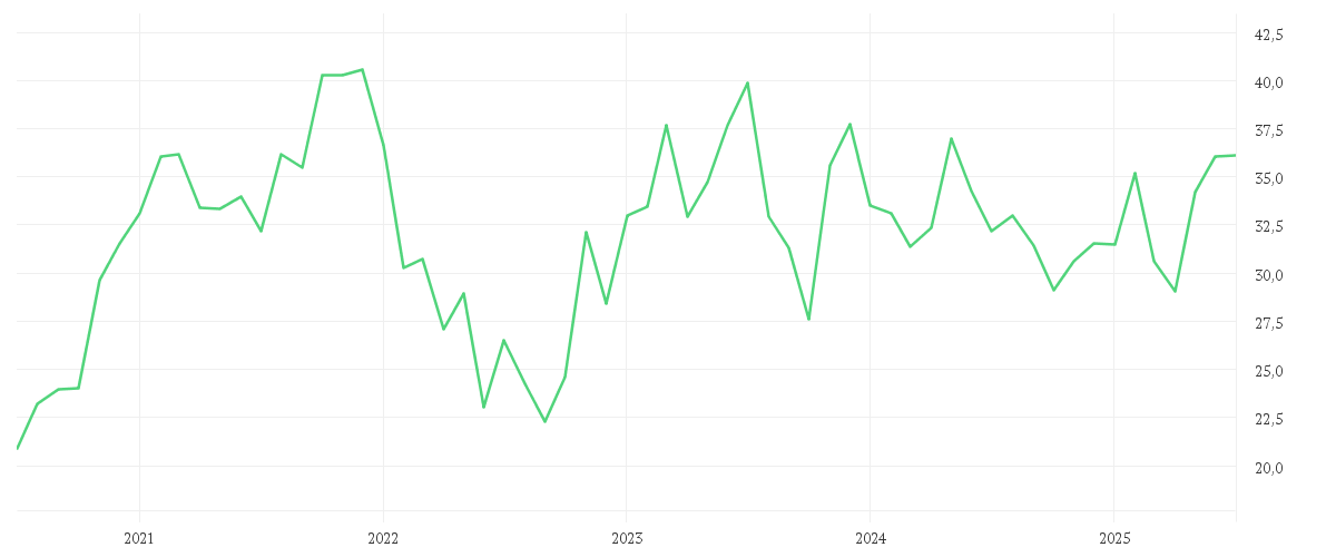 Chart zur Entwicklung der letzten fünf Jahre von INFINEON TECH.AG NA O.N.